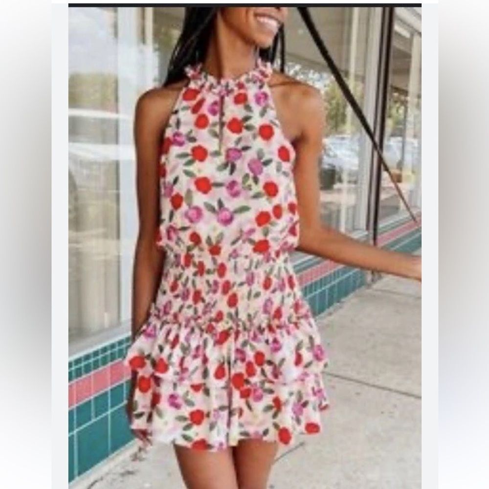 TCEC floral print high neck keyhole mini ruffle dress L